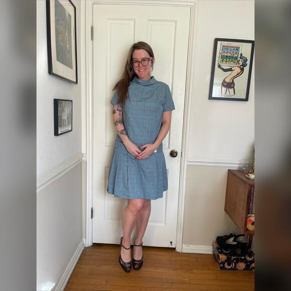 Vintage Dresses & Skirts - 60s Vintage Drop Waist Blue Plaid Cotton Dress